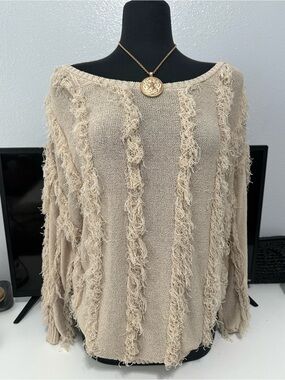 Chaser Beige Fringe-Stripe Off-the-Shoulder Sweater